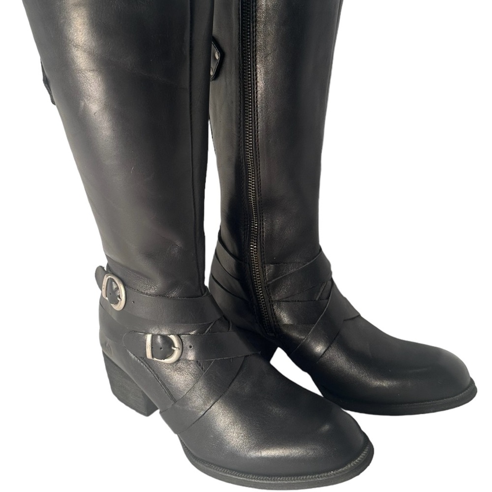 Born Women's Mona Boots Size 6.5 37 Block Heel Buckle Straps Black Leather Tall